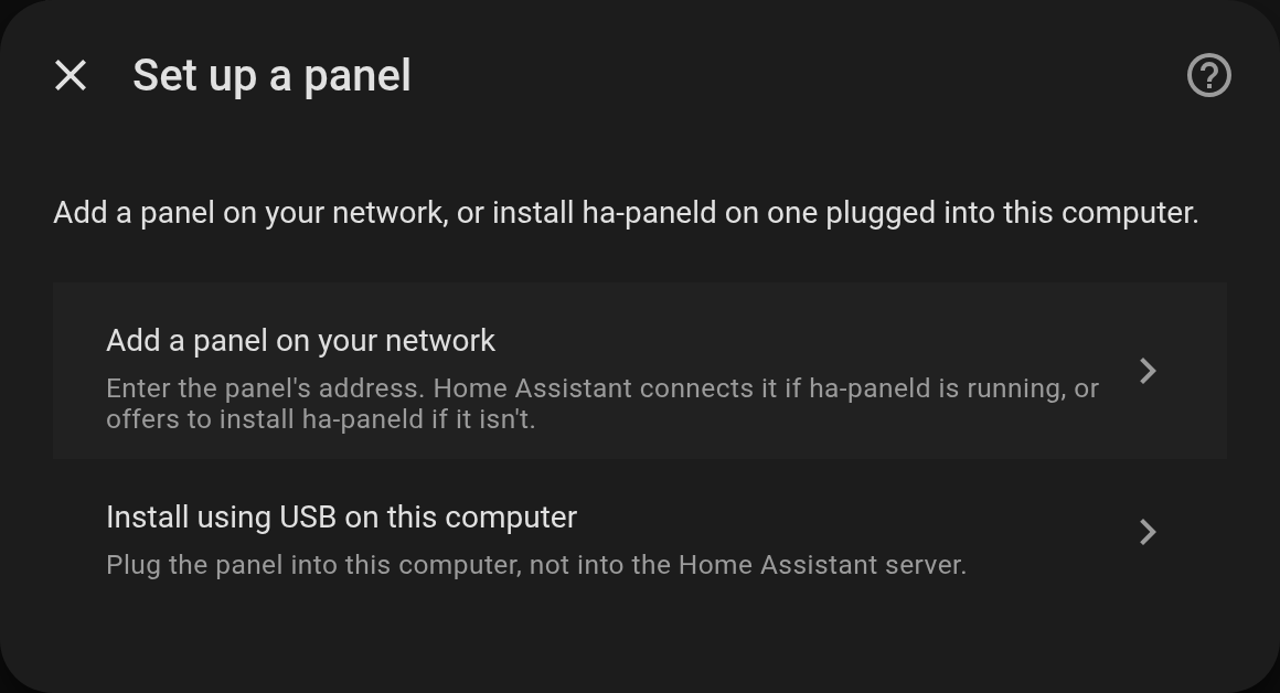 De stap Een paneel instellen in Home Assistant, met de keuze Voeg een paneel op je netwerk toe of Installeer via USB op deze computer