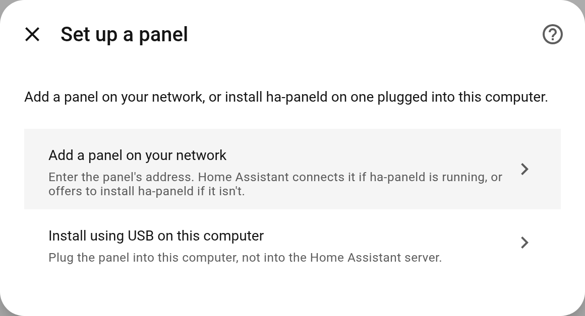 De stap Een paneel instellen in Home Assistant, met de keuze Voeg een paneel op je netwerk toe of Installeer via USB op deze computer