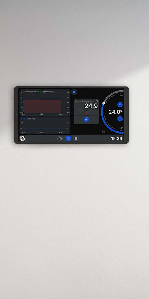 Shelly Wall Display X2i, mounted, showing a different dashboard layout