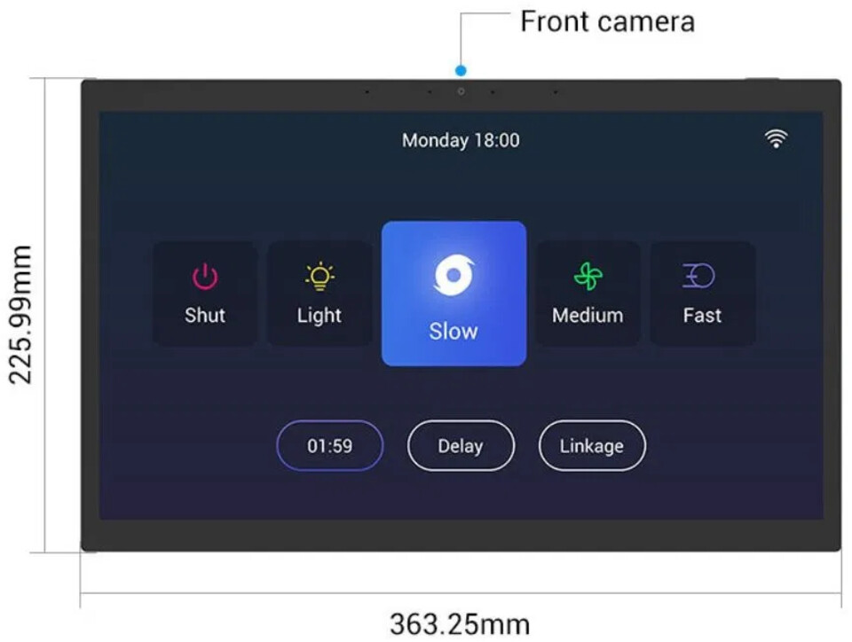 ZHICAI SMT1019, flat front view with the front camera and physical dimensions labelled