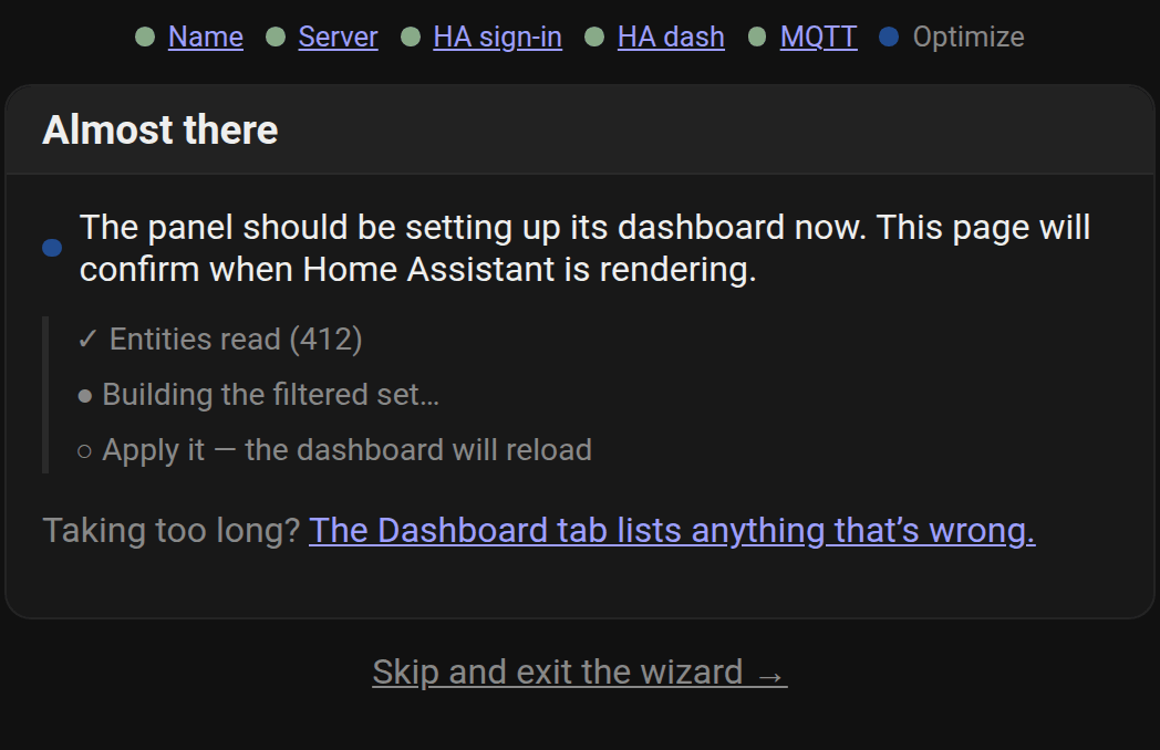 De wizard wacht terwijl het paneel zijn gefilterde entiteitsset samenstelt en het dashboard laadt
