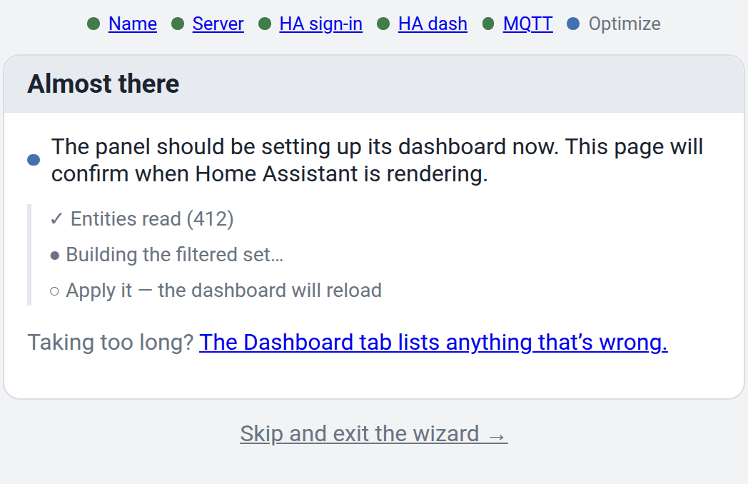 De wizard wacht terwijl het paneel zijn gefilterde entiteitsset samenstelt en het dashboard laadt