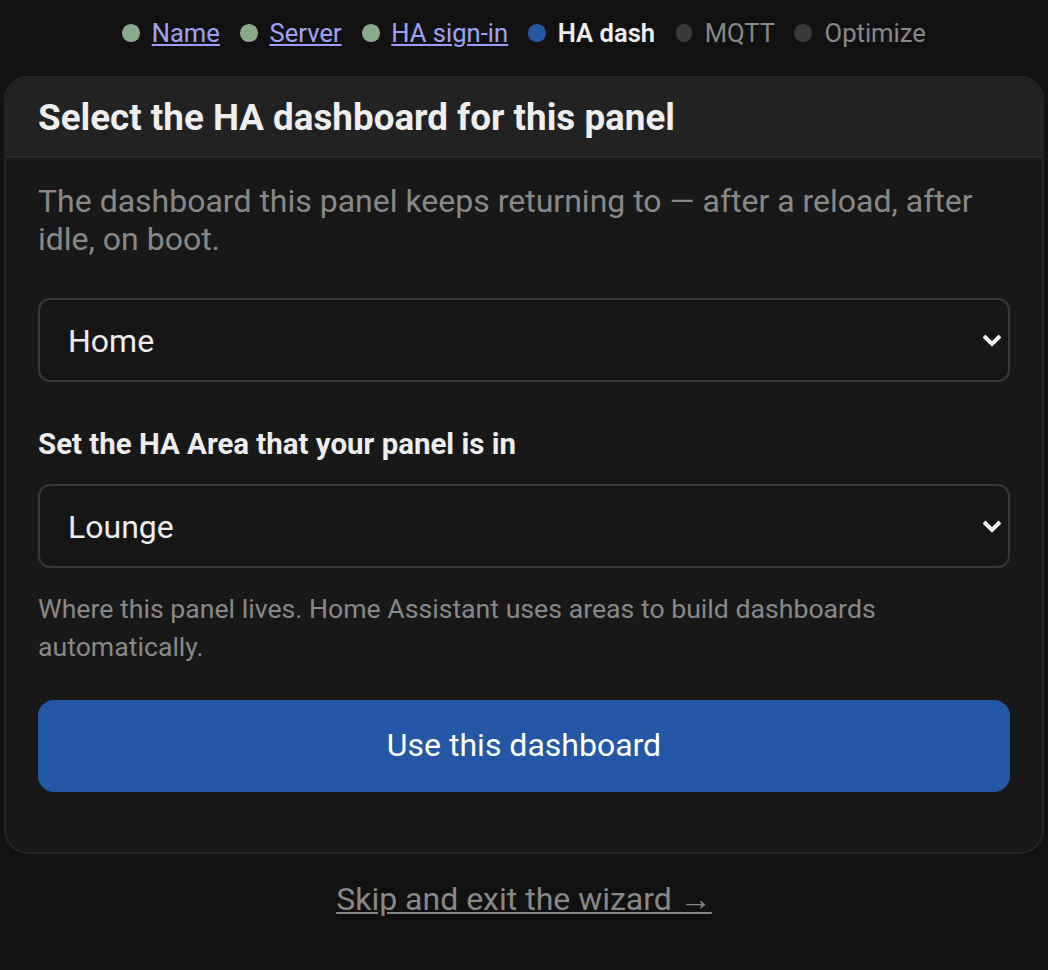 De wizard met een dashboard en een Home Assistant-ruimte geselecteerd voor het paneel