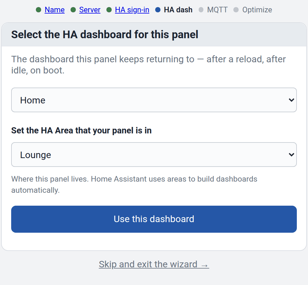 De wizard met een dashboard en een Home Assistant-ruimte geselecteerd voor het paneel