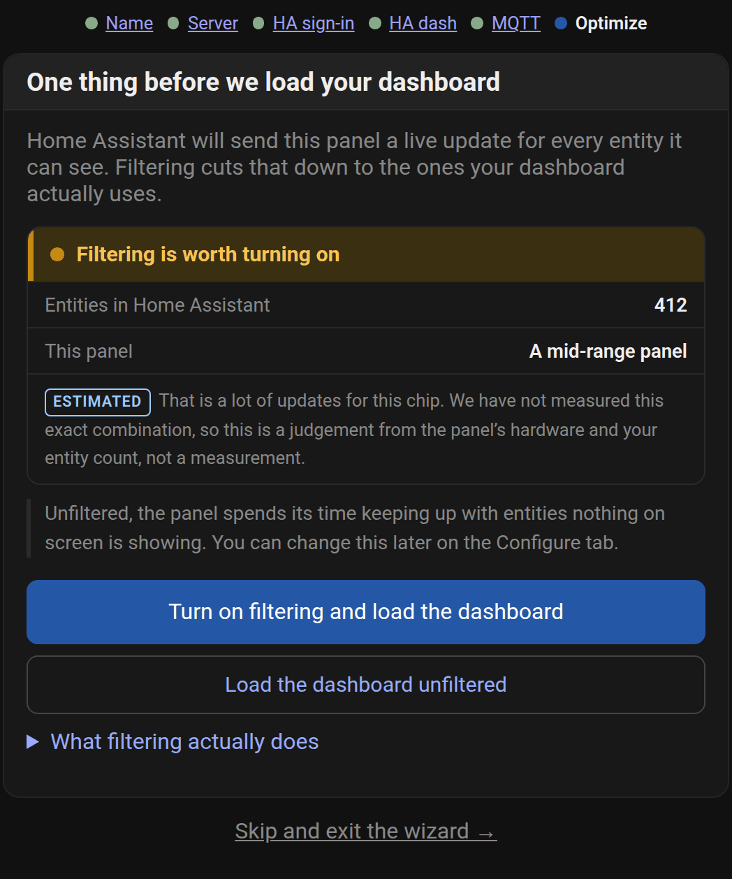 De wizard die het entiteitsfilter aanbeveelt voor dit paneel, met het aantal entiteiten in Home Assistant