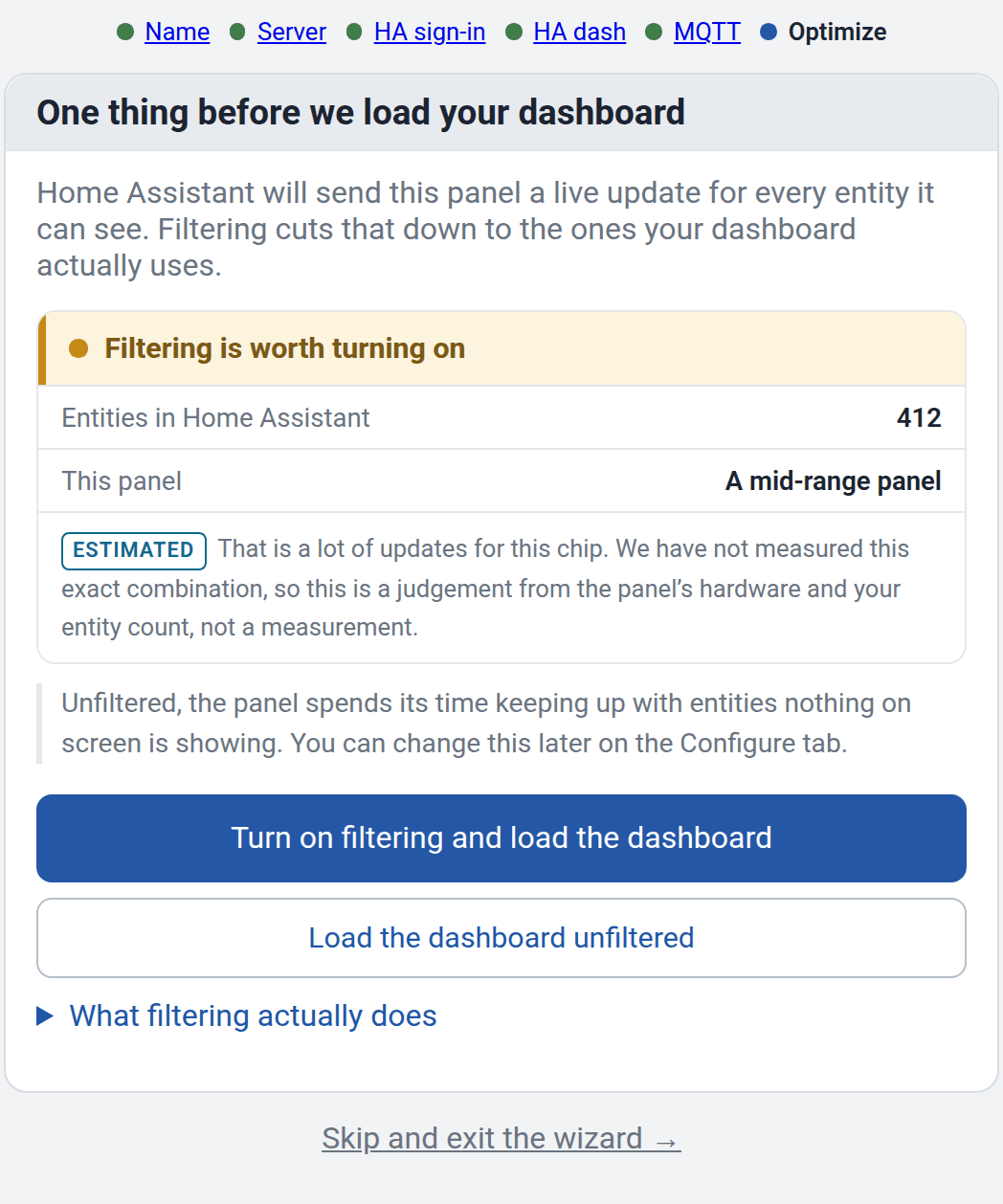 De wizard die het entiteitsfilter aanbeveelt voor dit paneel, met het aantal entiteiten in Home Assistant