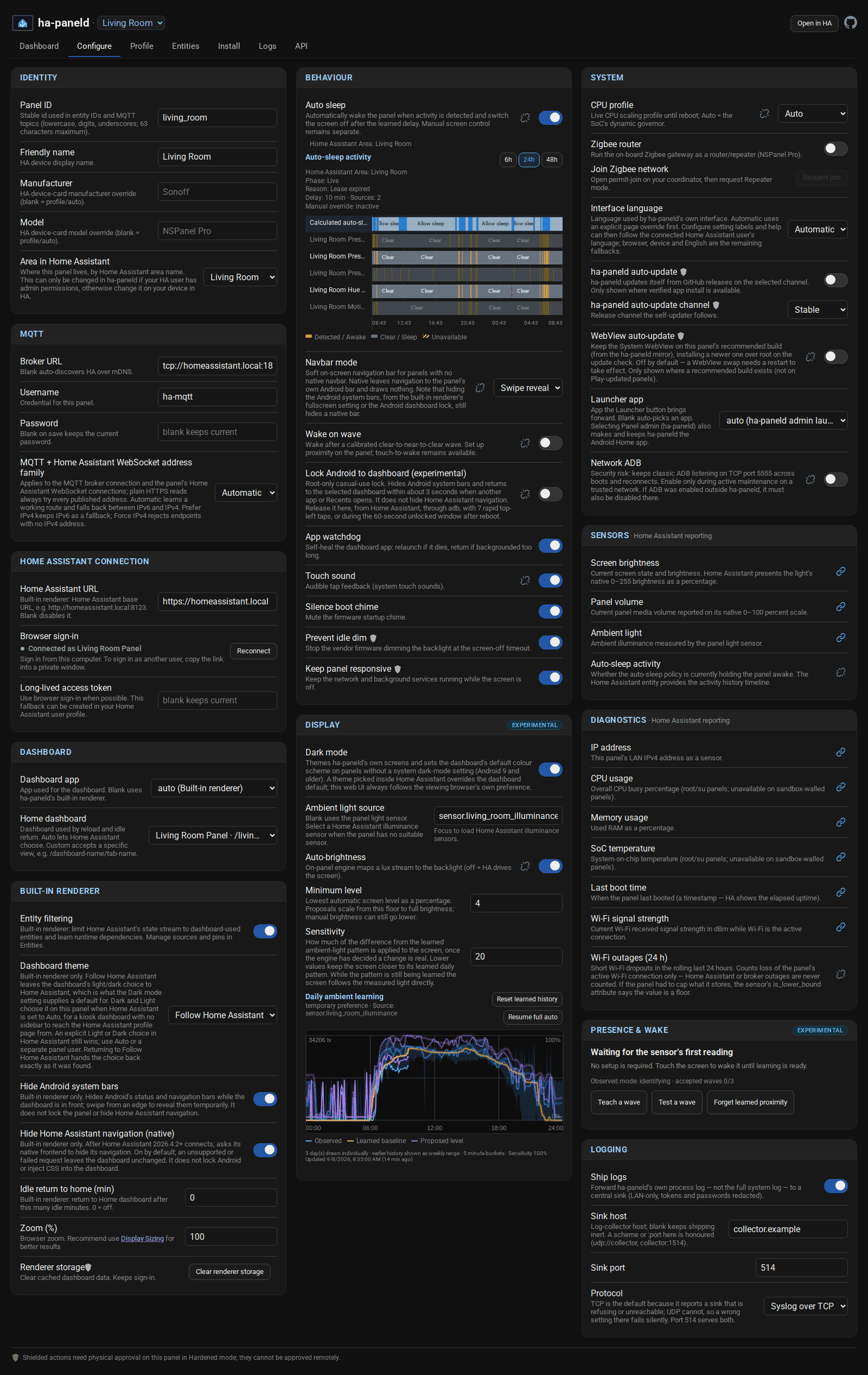 The Configure tab of the panel’s web interface, with the Display card showing the ambient light source, Auto-brightness, Minimum level, Sensitivity and the daily ambient learning chart