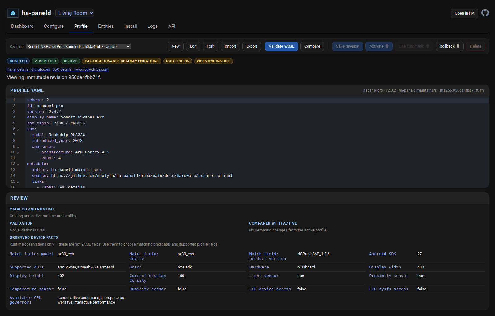The panel’s Profile page showing a bundled revision’s YAML in the editor, with review badges for package-disable recommendations, root paths and WebView installation, and the observed device facts below