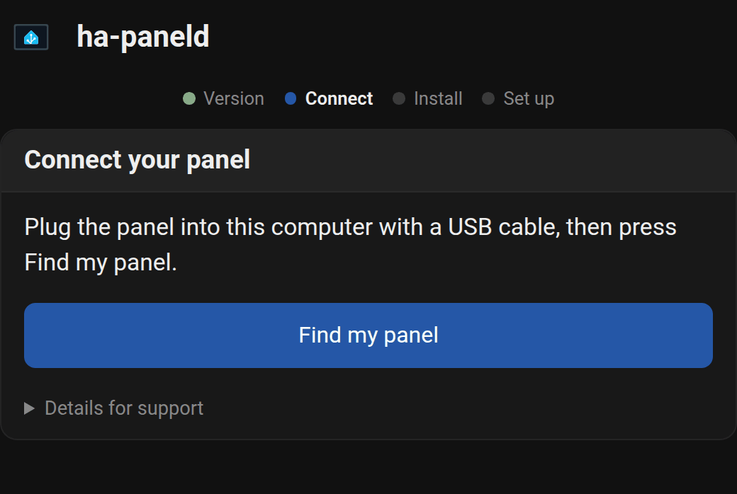Het USB-installatieprogramma vraagt je het paneel aan te sluiten en op Find my panel te drukken
