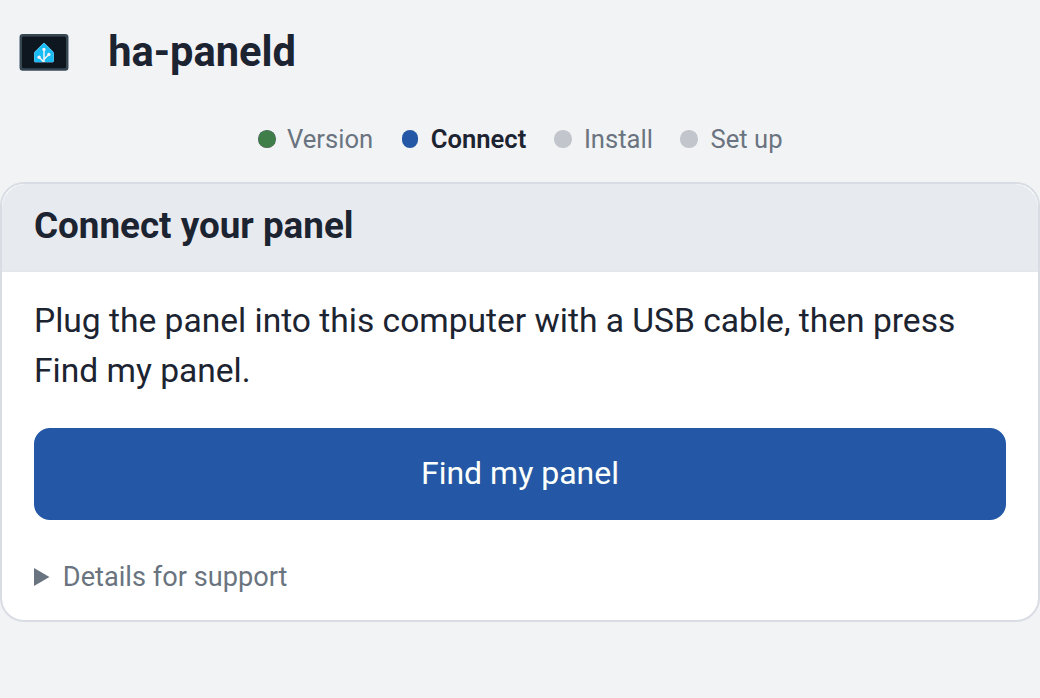 Het USB-installatieprogramma vraagt je het paneel aan te sluiten en op Find my panel te drukken
